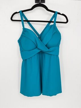 Hilor Women's Crossover Ruched Tankini Swim Top in Teal Blue